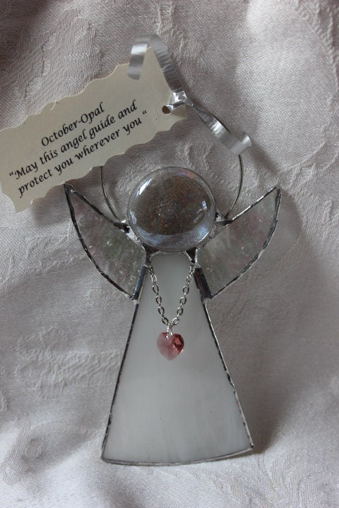 October Crystal Heart Stained Glass Angel